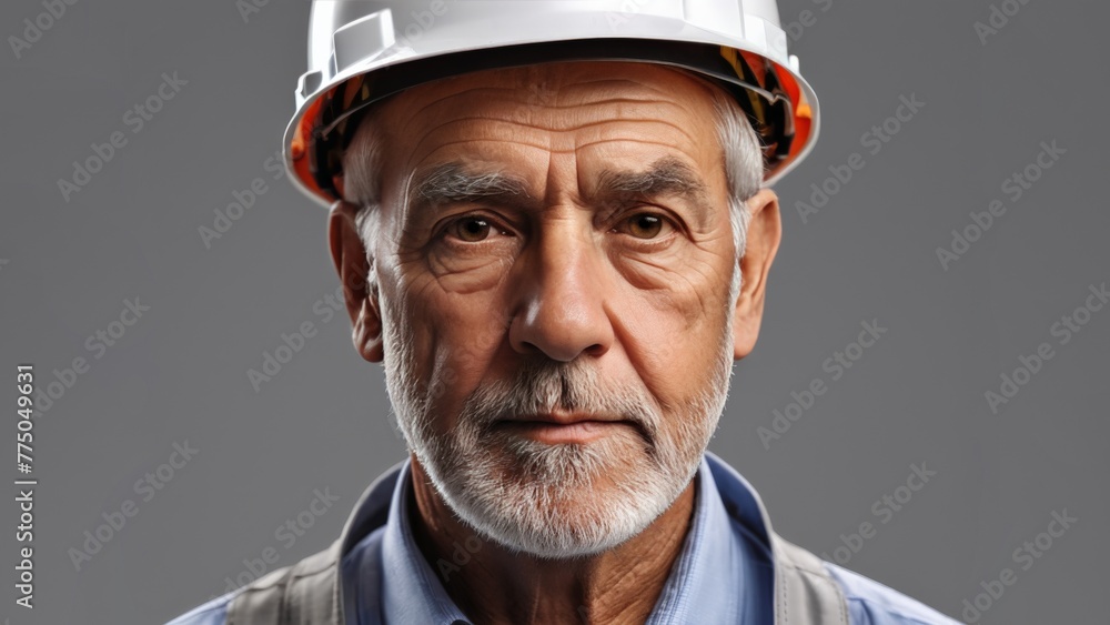 Portrait of an engineer in a protection helmet on a grey background Portrait of an engineer in a protection helmet on a grey background