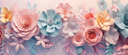A 3D rendering of paper flowers, a pastel color palette, botanical background, an isolated clipart image, a round bouquet, and a flower arrangement. © Mark
