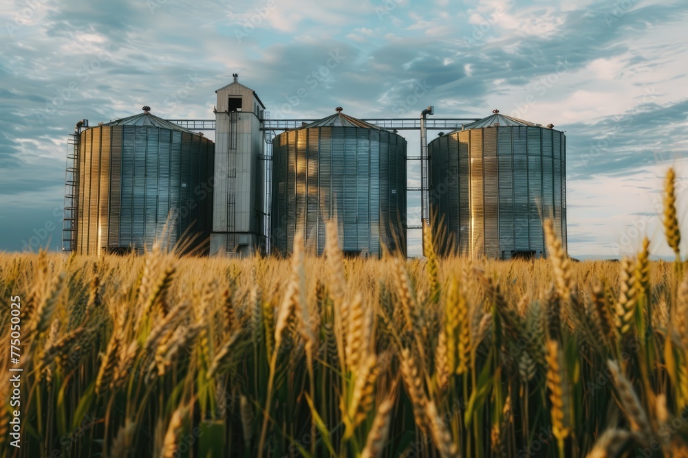 Silos in a wheat field. Storage of agricultural production. Silos in a wheat field. Storage of agricultural production.