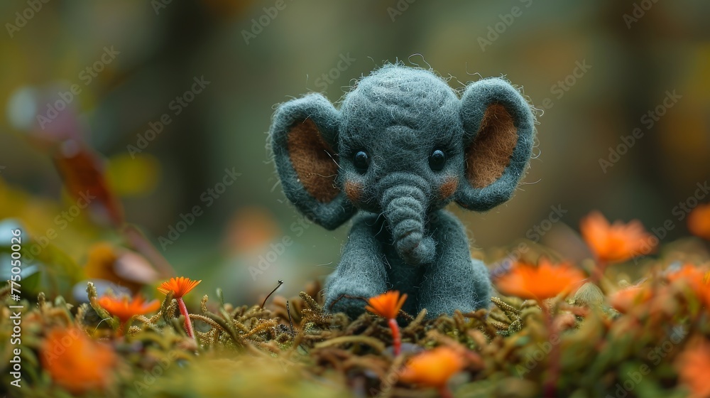 Cute child felt elephant made of felt on a living nature 