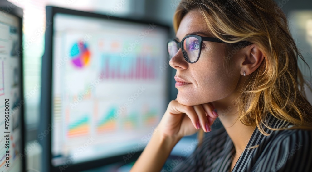 Female journalist looking at quantitative data on a computer screen in a newsroom. Female journalist looking at quantitative data on a computer screen in a newsroom.