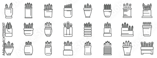 Pencil stand icons set outline vector. School art holder. Creative work cup © anatolir
