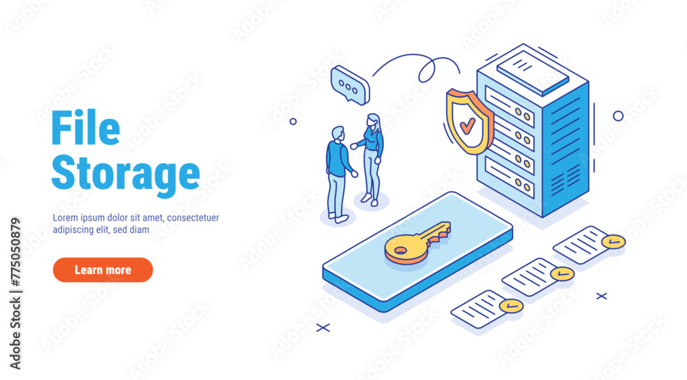File storage outline isometric concept. Securely store data on a server or in the cloud. Synchronize data between devices. Remote access to files. Vector in line style isolated on white background. File storage outline isometric concept. Securely store data on a server or in the cloud. Synchronize data between devices. Remote access to files. Vector in line style isolated on white background.