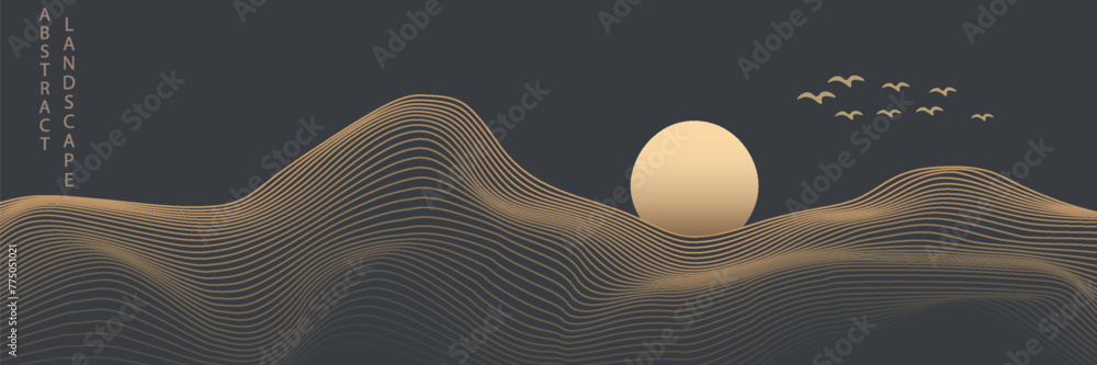 Vector abstract art landscape mountain with birds and sunrise with gold line art texture isolated on dark gray black background. eps10