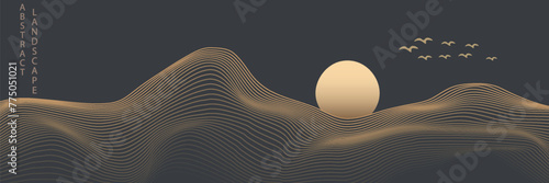 Vector abstract art landscape mountain with birds and sunrise with gold line art texture isolated on dark gray black background. eps10