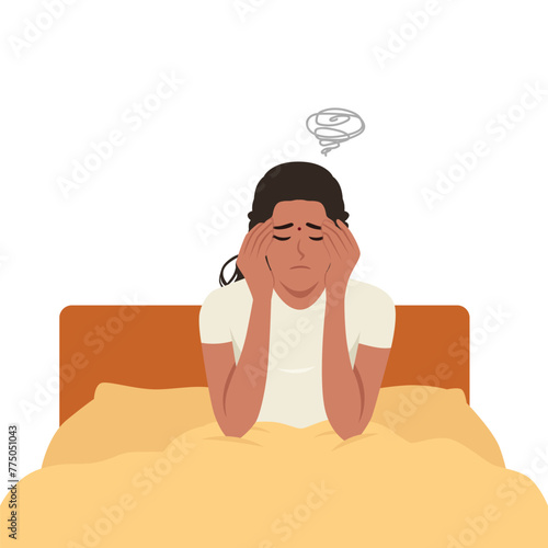 Sad unhappy Woman staying in bed in her bedroom waking up with headache. Flat Vector Illustration isolated on White Background
