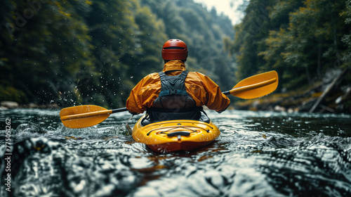 Rear view of a kayaker paddling through forest river rapids photo