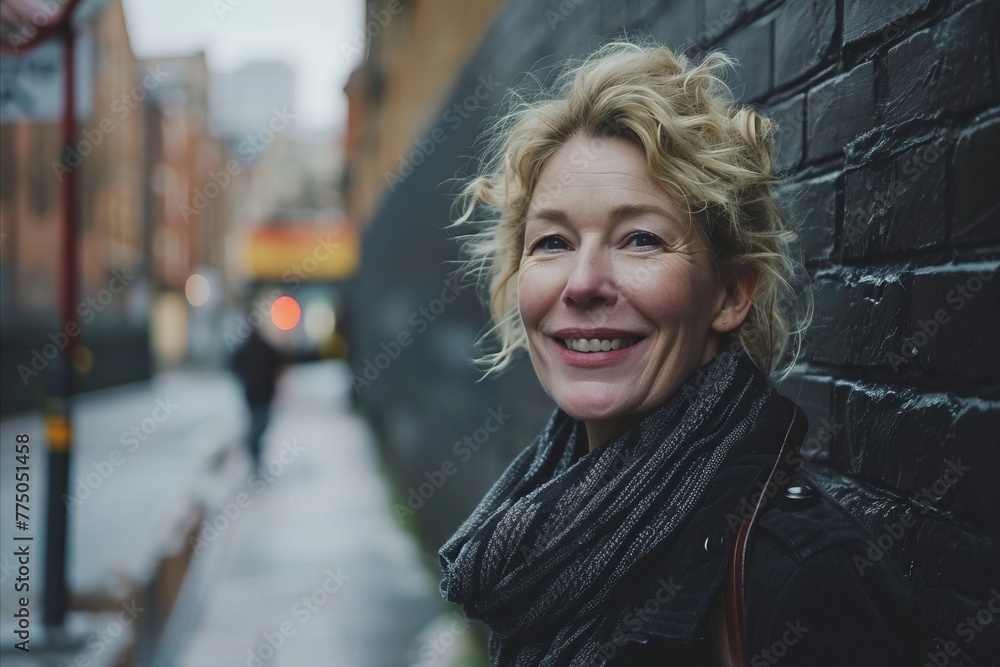 Portrait of a smiling middle-aged woman in a city street Portrait of a smiling middle-aged woman in a city street