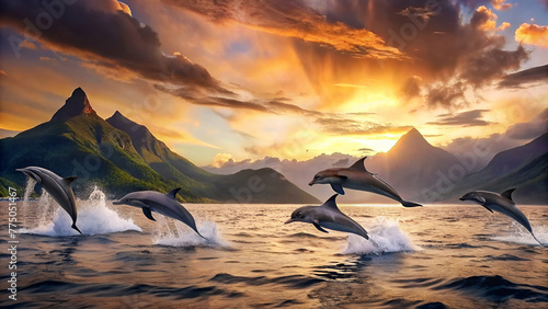 Dolphins jumping on the water surface at sunset © MeMosz