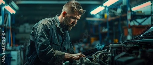 Mechanic inspects engine to guarantee top-quality repairs in welcoming atmosphere. Concept Automotive Repair, Quality Inspection, Engine Maintenance, Customer Satisfaction, Welcoming Environment photo