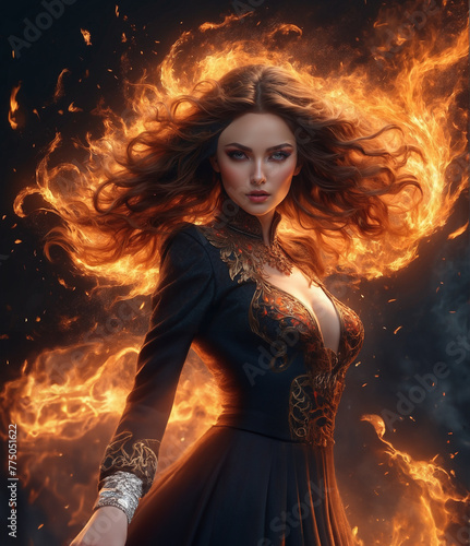 A seductive woman with a fiery aura radiates confidence and sensuality, her every move leaving a trail of sparks and embers in her wake.