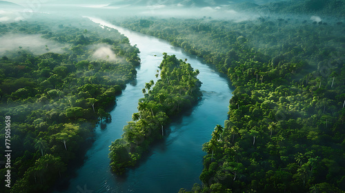 An aerial view of a meandering river snaking through dense forests