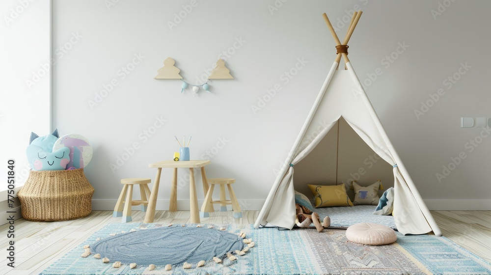 White children playroom with tent, doll and table. White children playroom with tent, doll and table.