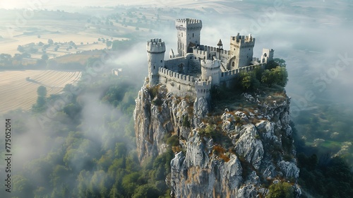 An aerial view of a medieval castle perched atop a rocky cliff