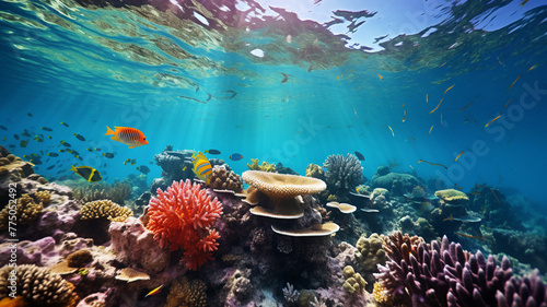 Wallpaper Mural healthy underwater coral reef teeming with marine life, including tropical fish and diverse coral formations.
 Torontodigital.ca