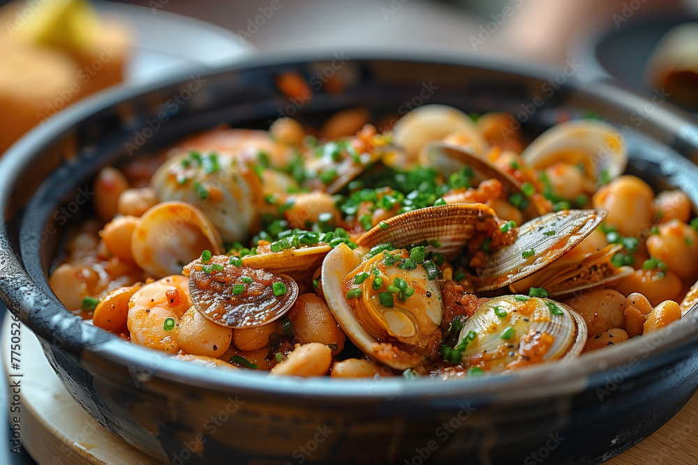 A bowl filled with beans and clams scattered on top of a table A bowl filled with beans and clams scattered on top of a table