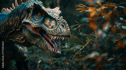 Lifelike depiction of a large dinosaur as seen from the side amid a dark forest setting