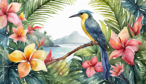 Watercolor painting of tropical leaves and flowers and beautiful bird. Summer season. Hand drawn © hardvicore
