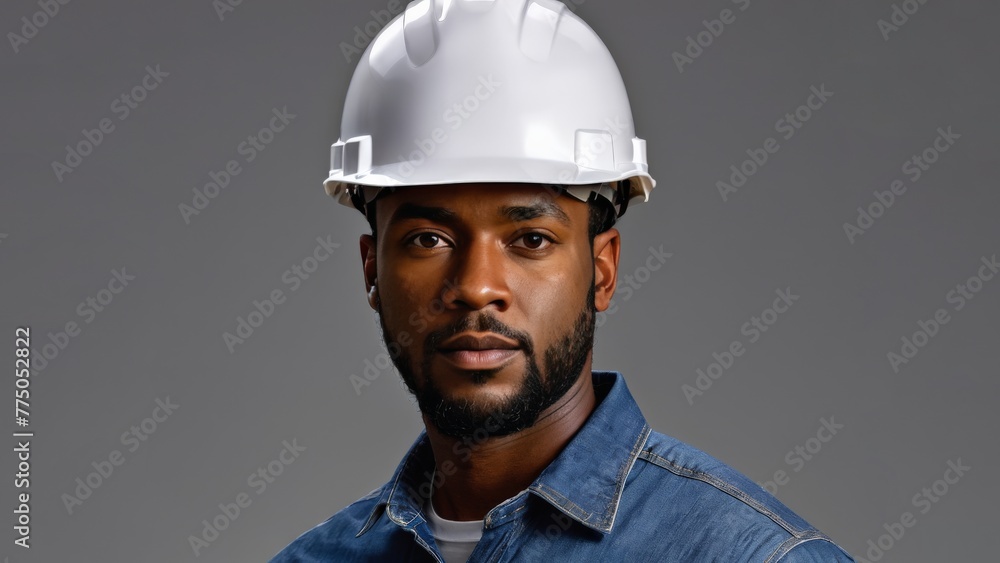 Portrait of an engineer in a protection helmet on a grey background