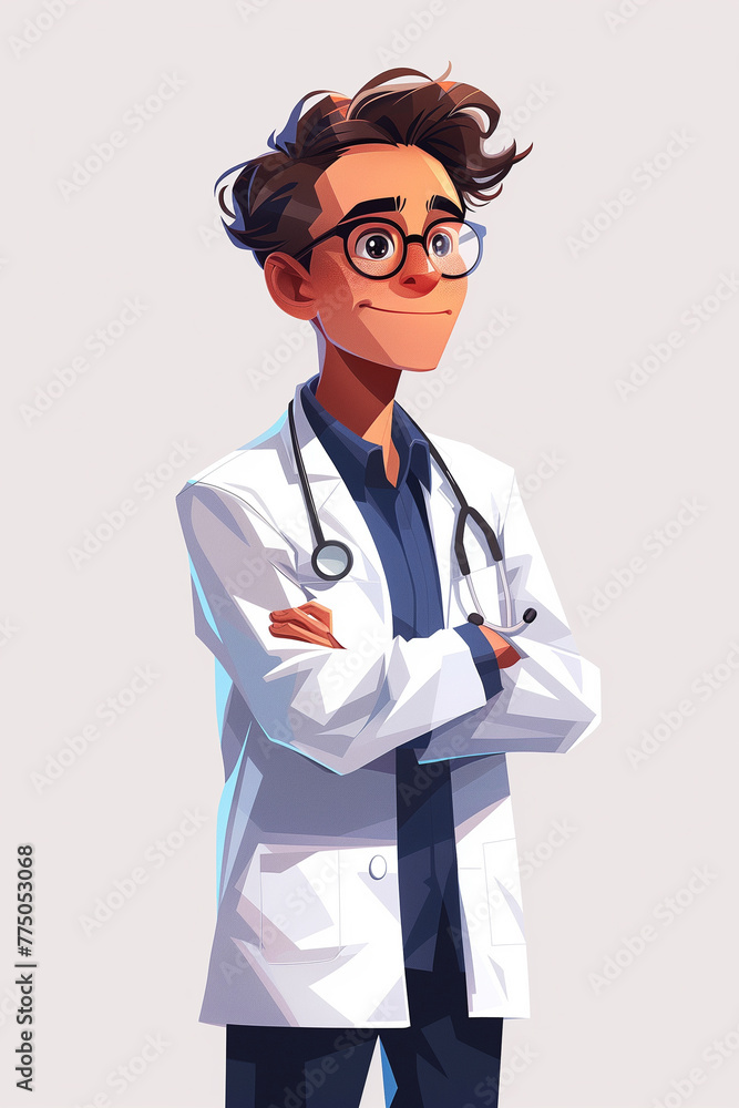 A cartoon character doctor wearing glasses and a stethoscope on a white background