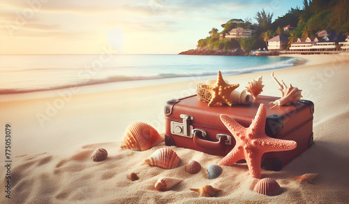 Beach star fish   suitcase on sand in a day  vocation holliday photo