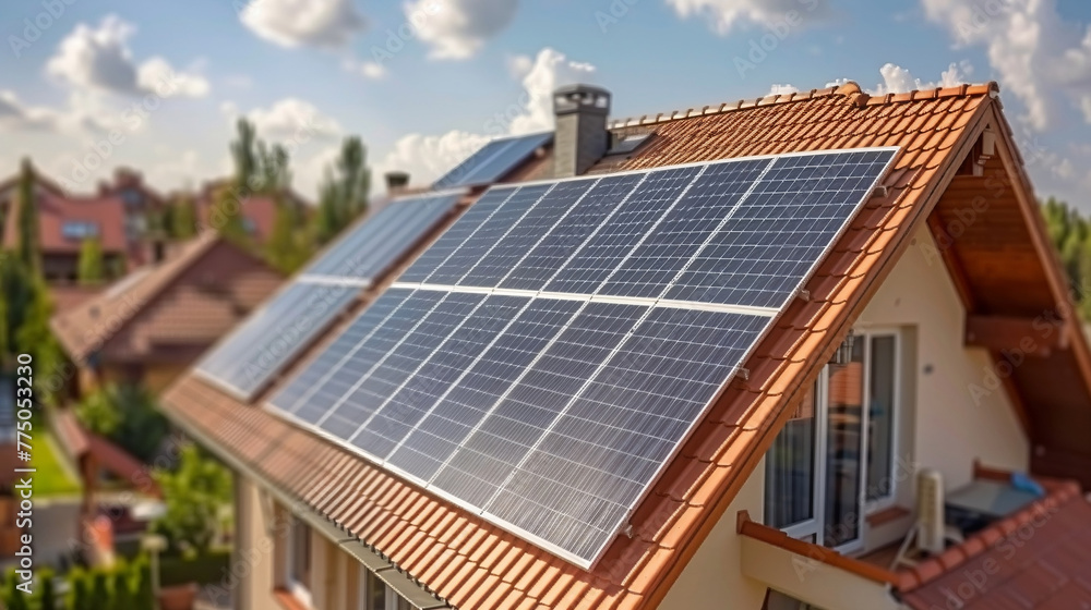 Fototapeta premium Toit de maison avec panneau solaire, électrique IA 