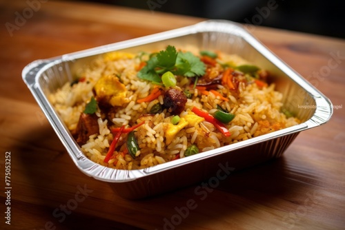 Tempting fried rice on a plastic tray against a rice paper background