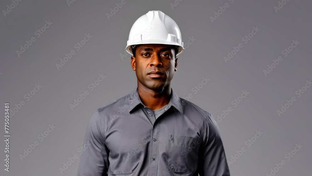 Portrait of an engineer in a protection helmet on a grey background Portrait of an engineer in a protection helmet on a grey background