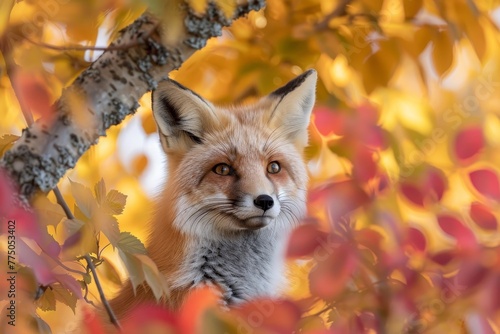 Red fox peeking through colorful autumn foliage in vibrant photorealistic photography