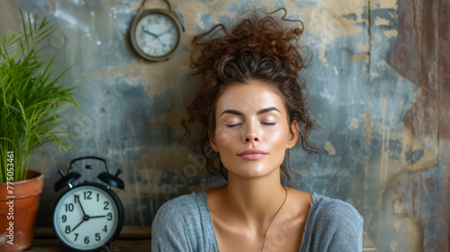 free space on the left corner for title banner with a photo of an entrepreneur beautiful woman she is tired, distracted, bored, procrastinating and their is a desk clock next to her photo