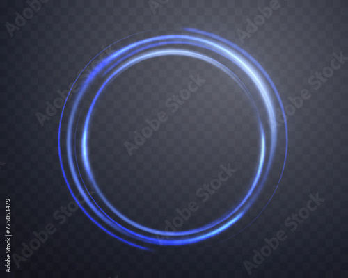Blue magic ring with glowing. Neon realistic energy flare halo ring. Abstract light effect on a dark transparent background. Vector illustration.