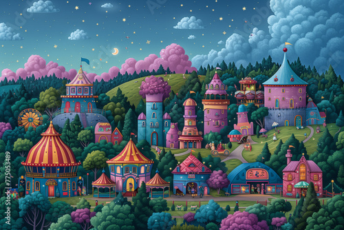 A painting depicting a vibrant fantasy city with a colorful ferris wheel circus 