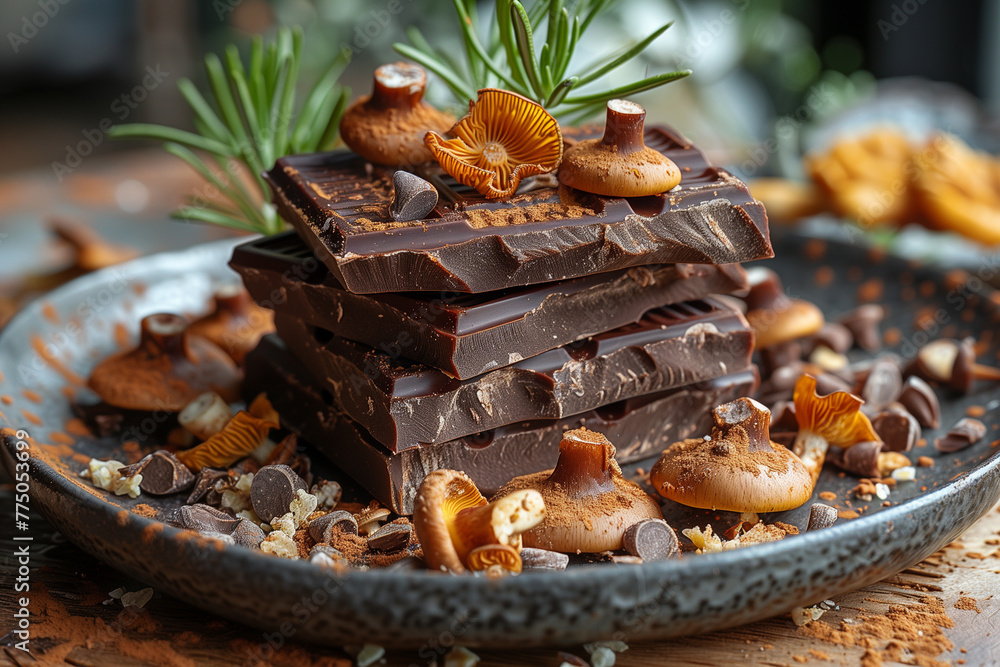 A plate filled with chocolate pieces and assorted mushrooms placed on a table