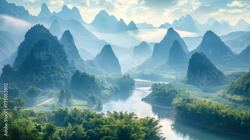 Landscape of Guilin, Li River and Karst mountains. Located near Yangshuo County, Guilin City, Guangxi Province, China. photo