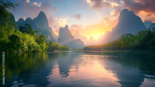 Landscape of Guilin, Li River and Karst mountains. Located near Yangshuo County, Guilin City, Guangxi Province, China. photo