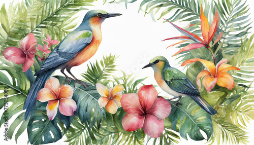 Watercolor painting of tropical leaves and flowers and beautiful bird. Summer season. Hand drawn © hardvicore