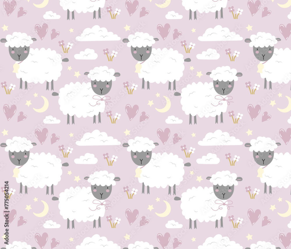 Fototapeta premium Pink Girly Seamless Pattern for Children with Sheep, Clouds, Hearts in Cute Style