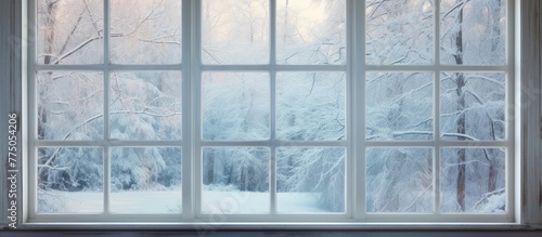 Looking outside through a frosted window, the scene shows a serene snowy landscape with a frosted tree