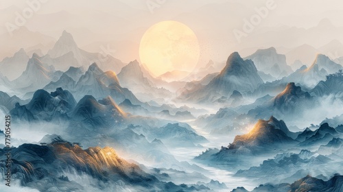 A heart-warming golden mountain landscape with soft soft lines with an ethereal touch against a pale white sky with a touch of gold and silver in the background, photo