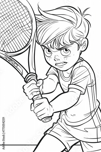 A young boy holding a tennis racket in his hand, ready to play coloring pages for kids and adults photo