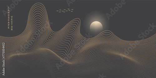 Vector abstract art Mount Fuji Japan landmark, landscape mountain with birds and sunrise sunset by gold line art texture isolated on dark grey black color background. Minimal luxury style