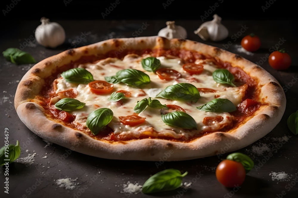 delicious pizza magharita with tomato sauce, mozzarella and basil - food photography for pizza menu - isolated pizza with ingredients in the background - perfect pizza slice - generative ai