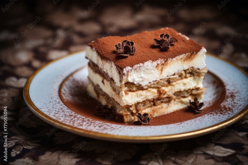 Tempting tiramisu on a porcelain platter against a rice paper background Tempting tiramisu on a porcelain platter against a rice paper background