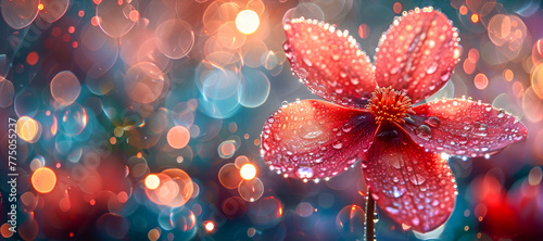 An enchanting red anemone, highlighted by delicate dewdrops, shines against an ethereal backdrop of cool-toned bokeh lights
