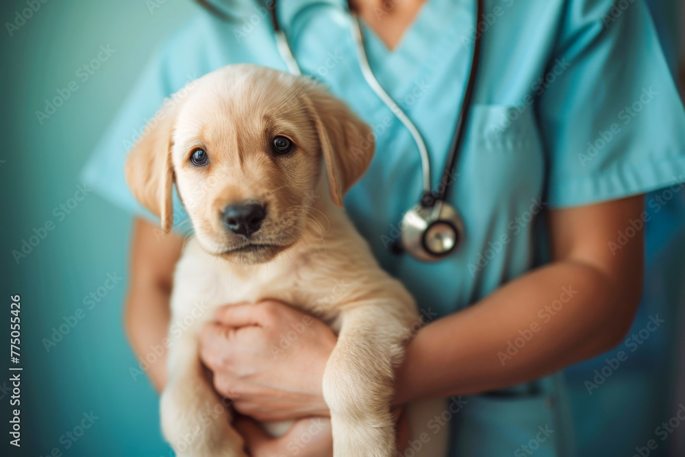 A portrait of an adorable, pale-furred Labrador puppy being held by a veterinary professional, depicting care and compassion in animal health. A portrait of an adorable, pale-furred Labrador puppy being held by a veterinary professional, depicting care and compassion in animal health.
