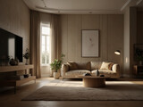 Simplicity in Serenity, Minimalist Living Room with Neutral Tones and Natural Lighting