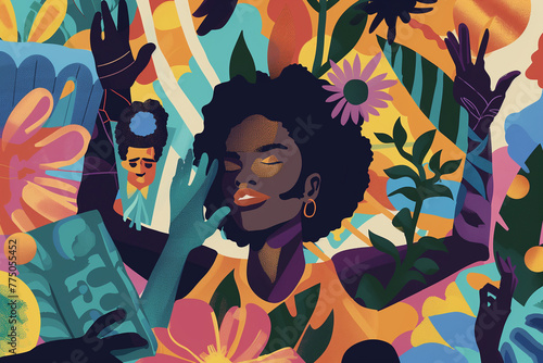 A painting of a woman standing amidst a vibrant array of flowers Juneteenth
