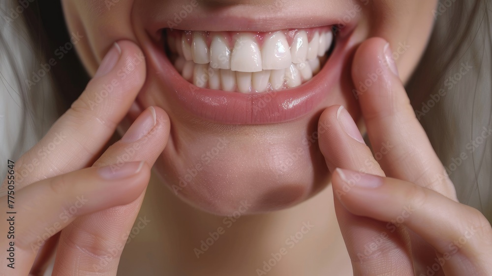 Obraz premium Woman point finger to showing healthy gums