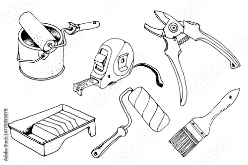 Garden tools and home repair tools, vector hand drawn set