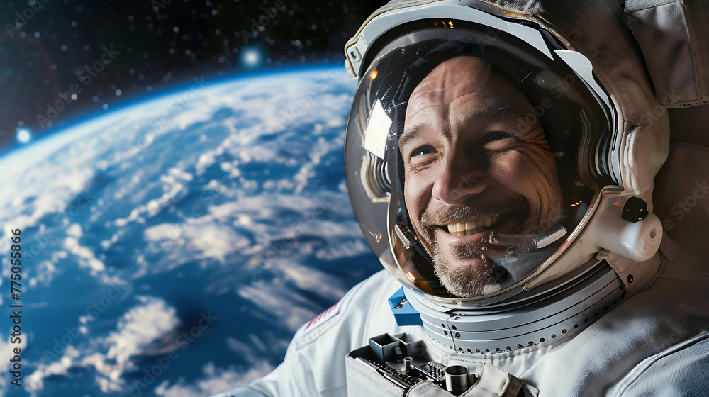 Close-up portrait of a happy male astronaut in a helmet in outer space, against the backdrop of the planet Earth. Space travel and exploration concept.